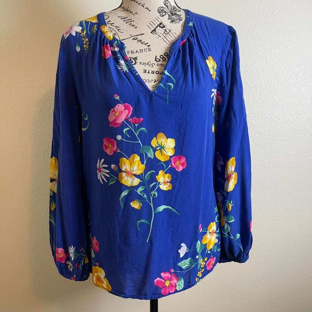 Old Navy Womens Blue Floral Split Neck Balloon Sleeve Boho Blouse Size Medium